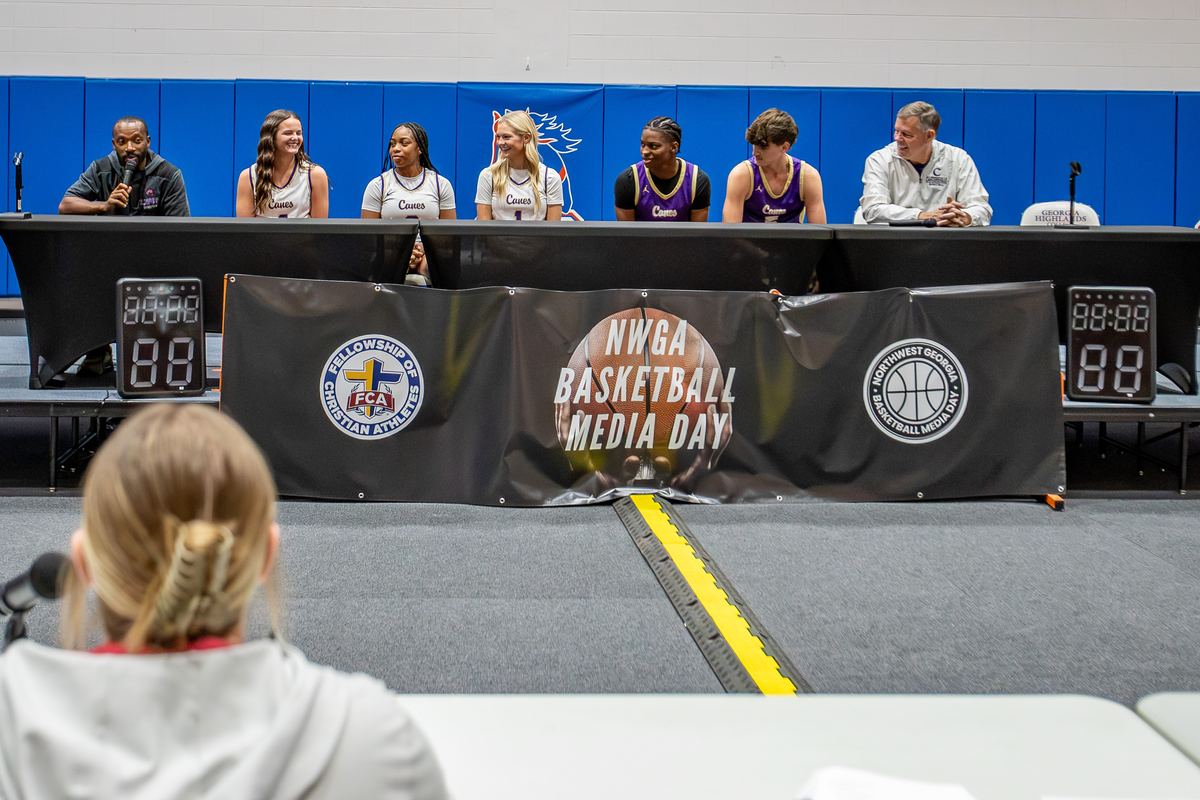 Cartersville players and coaches on the Media Day 2025 interview stage