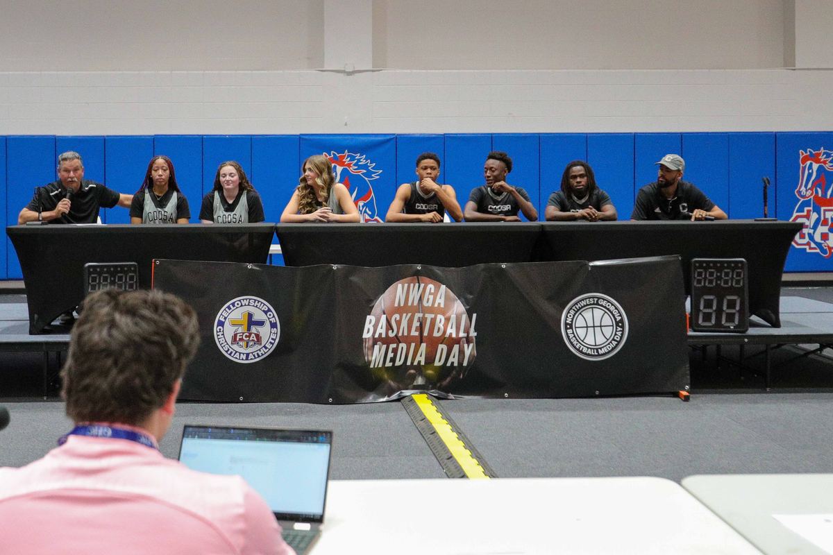 Coosa players and coaches on the Media Day 2025 interview stage